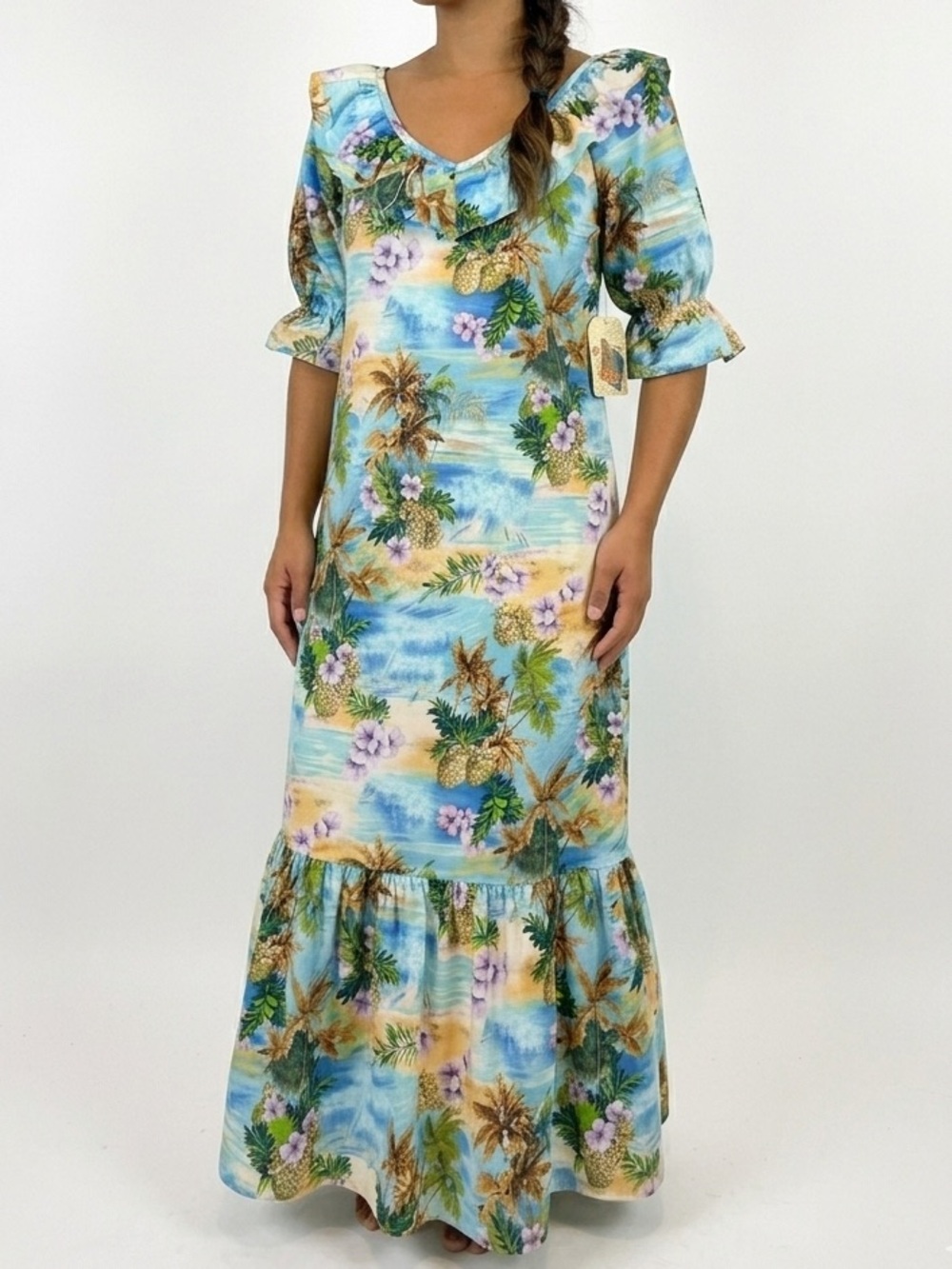 Vintage Hilo Hattie NWT Hawaiian Long Muumuu Dress Small Blue Scenic Style 693